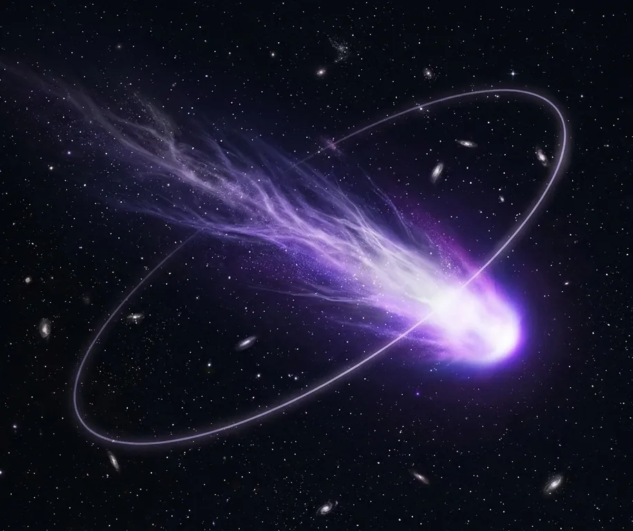 Um cometa roxo brilhante com uma longa cauda atravessando um campo de galáxias distantes, com um arco de órbita elíptica ao redor