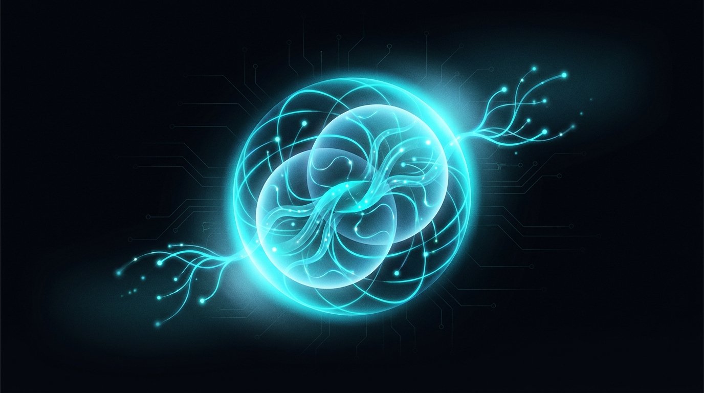 Ilustração abstrata de dois núcleos de IA luminosos ligados por fios de luz