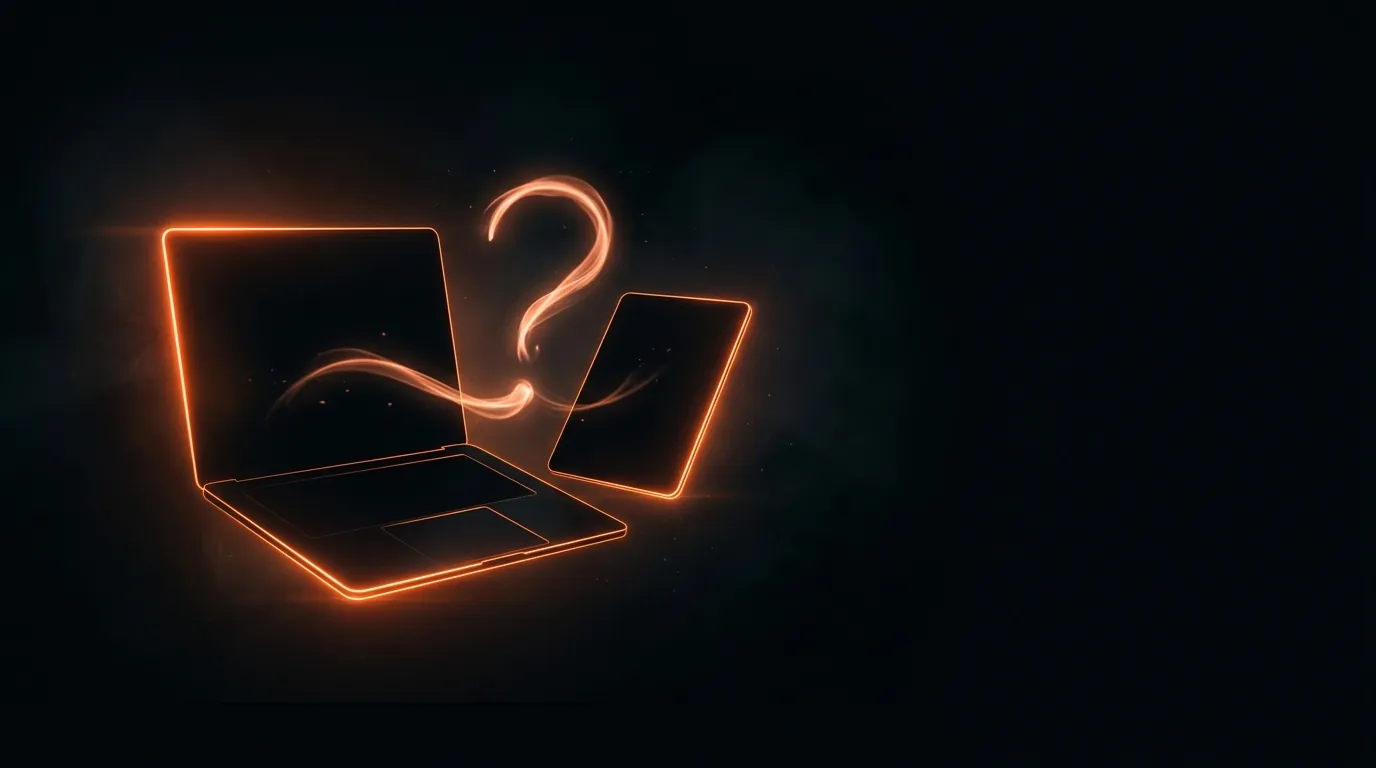 Contornos laranja neon de um notebook e um tablet com um ponto de interrogação de luz entre eles