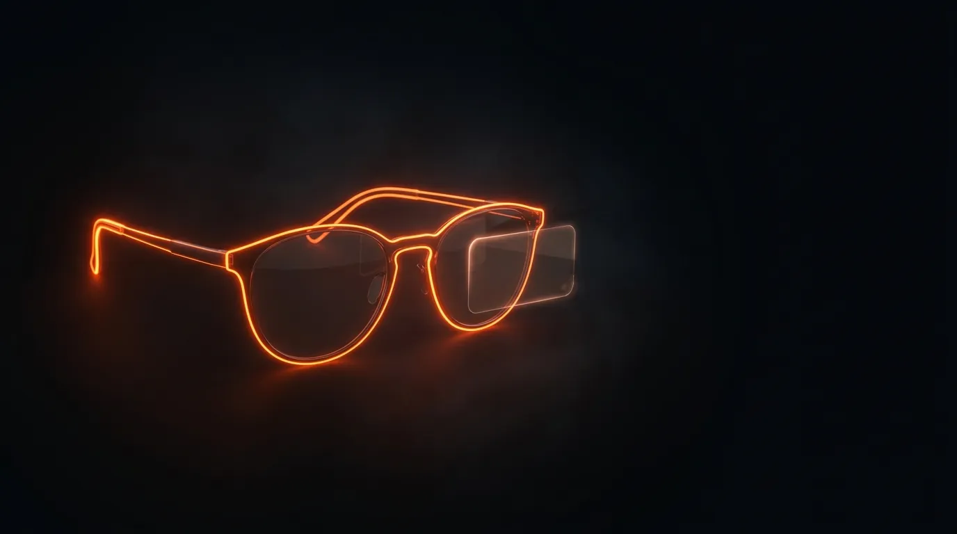 Óculos inteligentes finos em laranja neon com um cartão de display vazio flutuando junto à lente