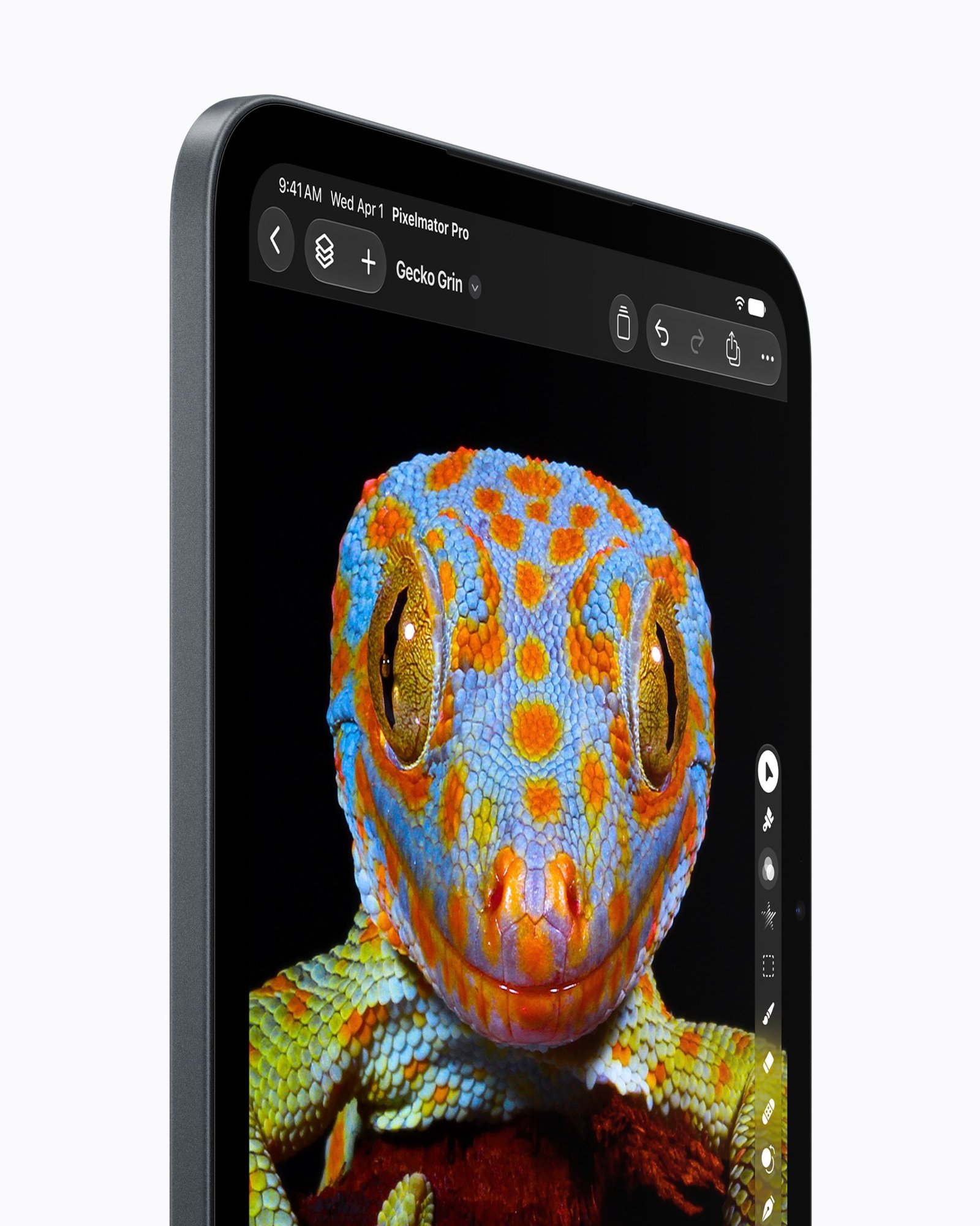O canto do novo iPad mini, de bordas finas, mostrando em close a foto colorida de uma lagartixa num aplicativo de edição de imagem