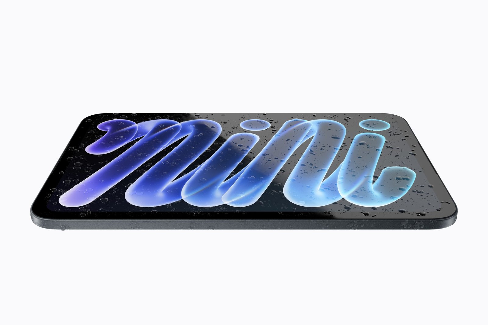 O iPad mini deitado, com gotas de água sobre a tela, imagem que a Apple usa para ilustrar a resistência IP67