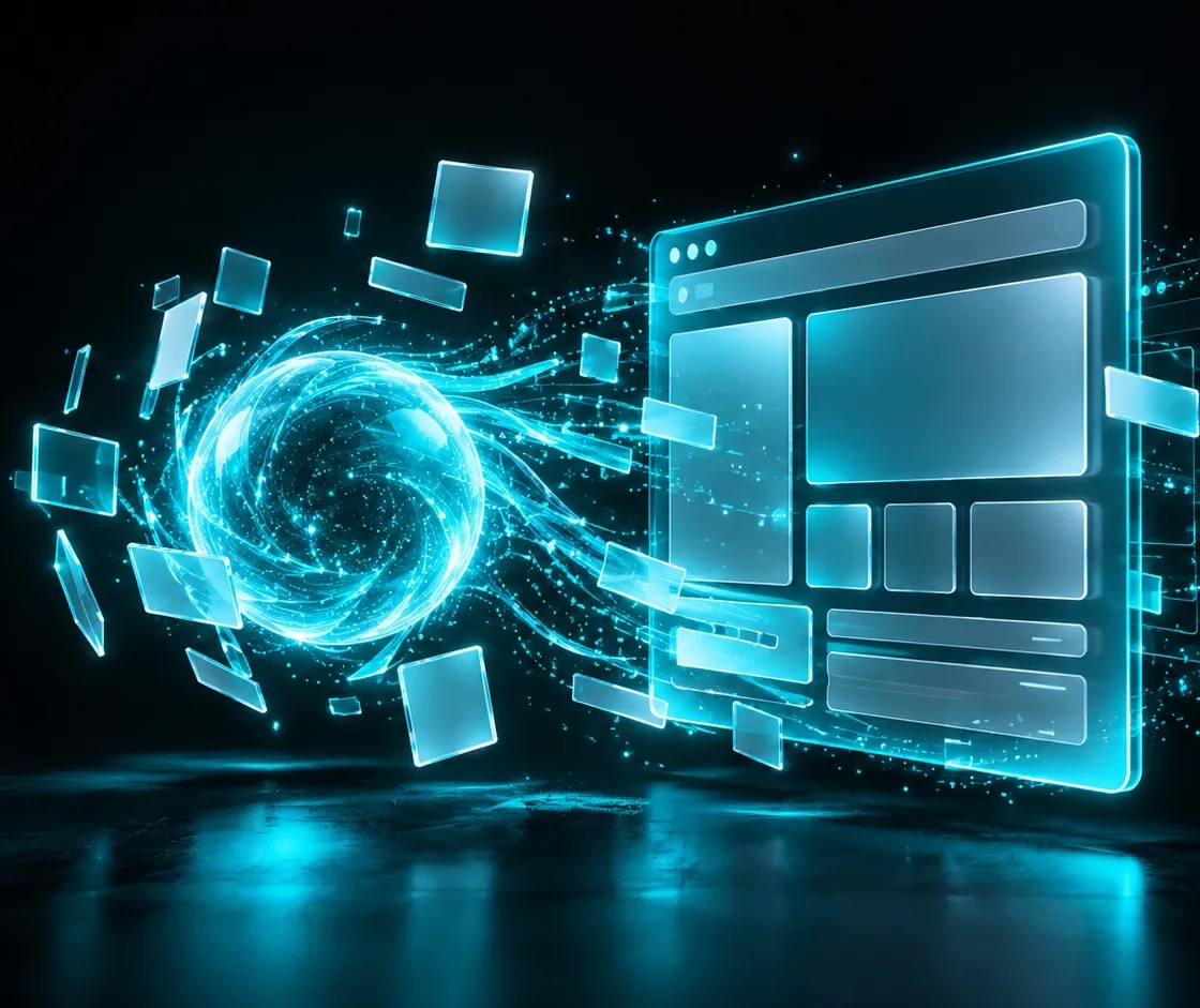 Uma esfera ciano brilhante montando uma janela de software translúcida com painéis flutuantes, com uma janela espelhada mais fraca ao fundo