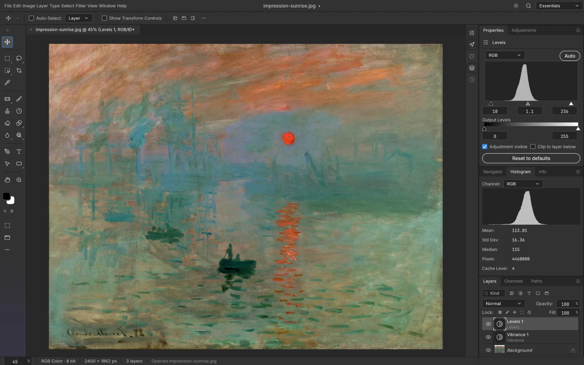 O editor de fotos PhotoCraft mostrando camadas Levels e Vibrance e um painel de histograma sobre Impressão, Nascer do Sol, de Monet