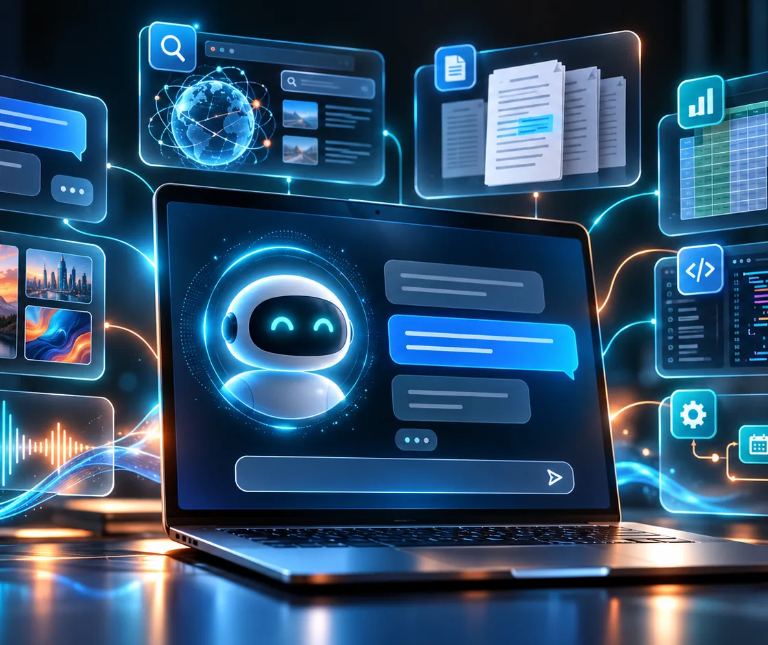 Um chip central brilhando em ciano neon, com um braço mecânico saindo dele em direção a pequenas ferramentas e a uma rede de pontos conectados, sobre fundo escuro