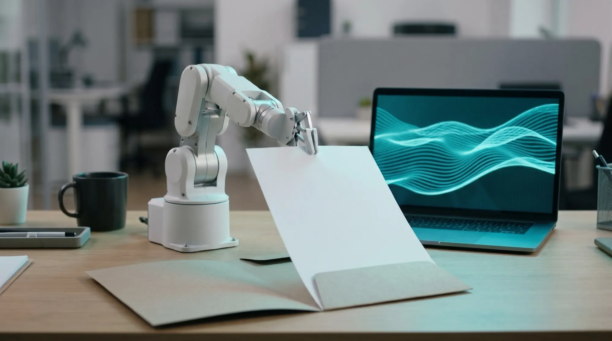 Um braço robótico pequeno colocando um documento numa pasta sobre uma mesa de escritório, ao lado de um notebook cuja tela mostra linhas ciano abstratas