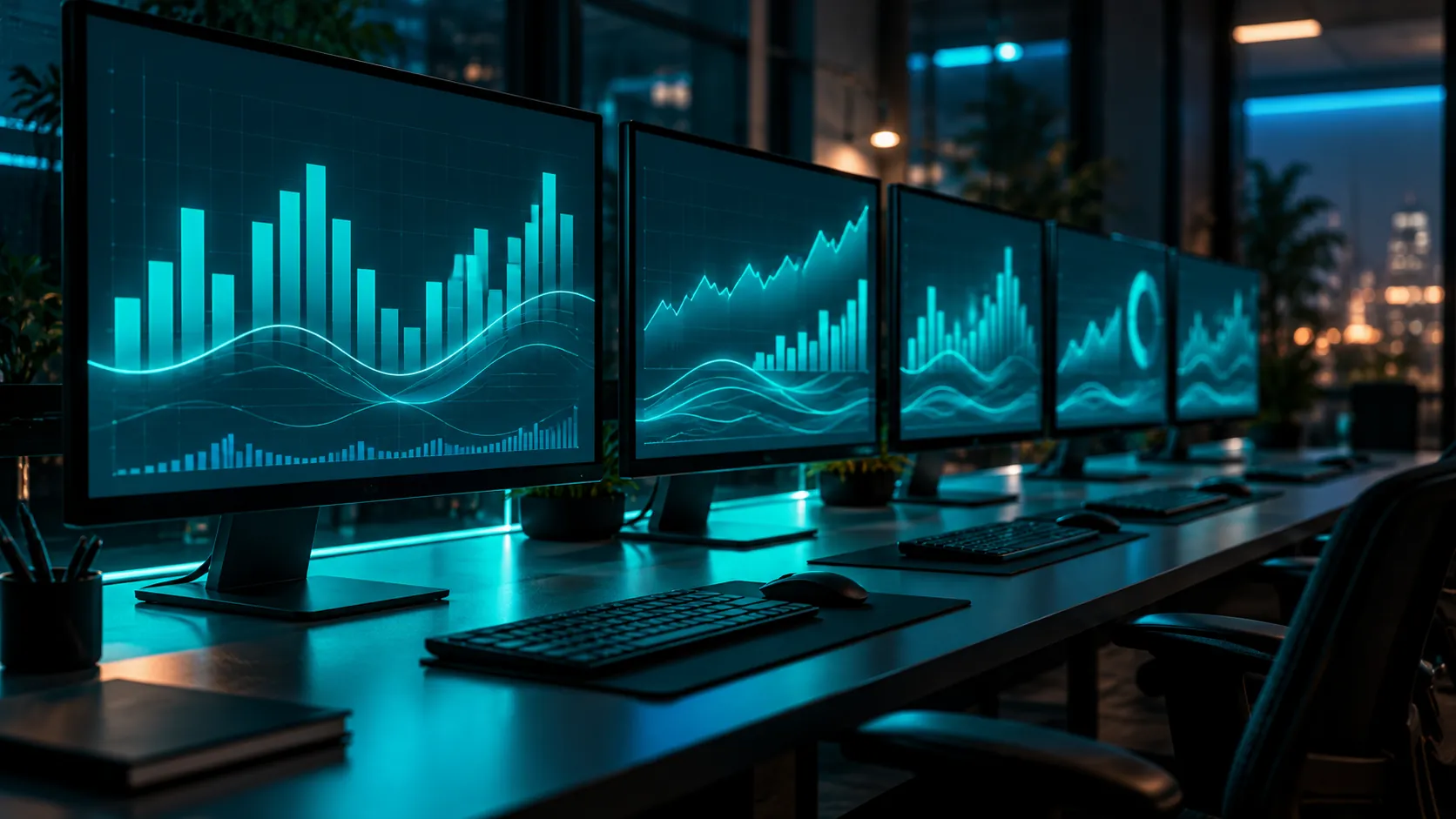 Uma sala de análise com vários monitores mostrando gráficos de barras abstratos em ciano, sem números nem texto
