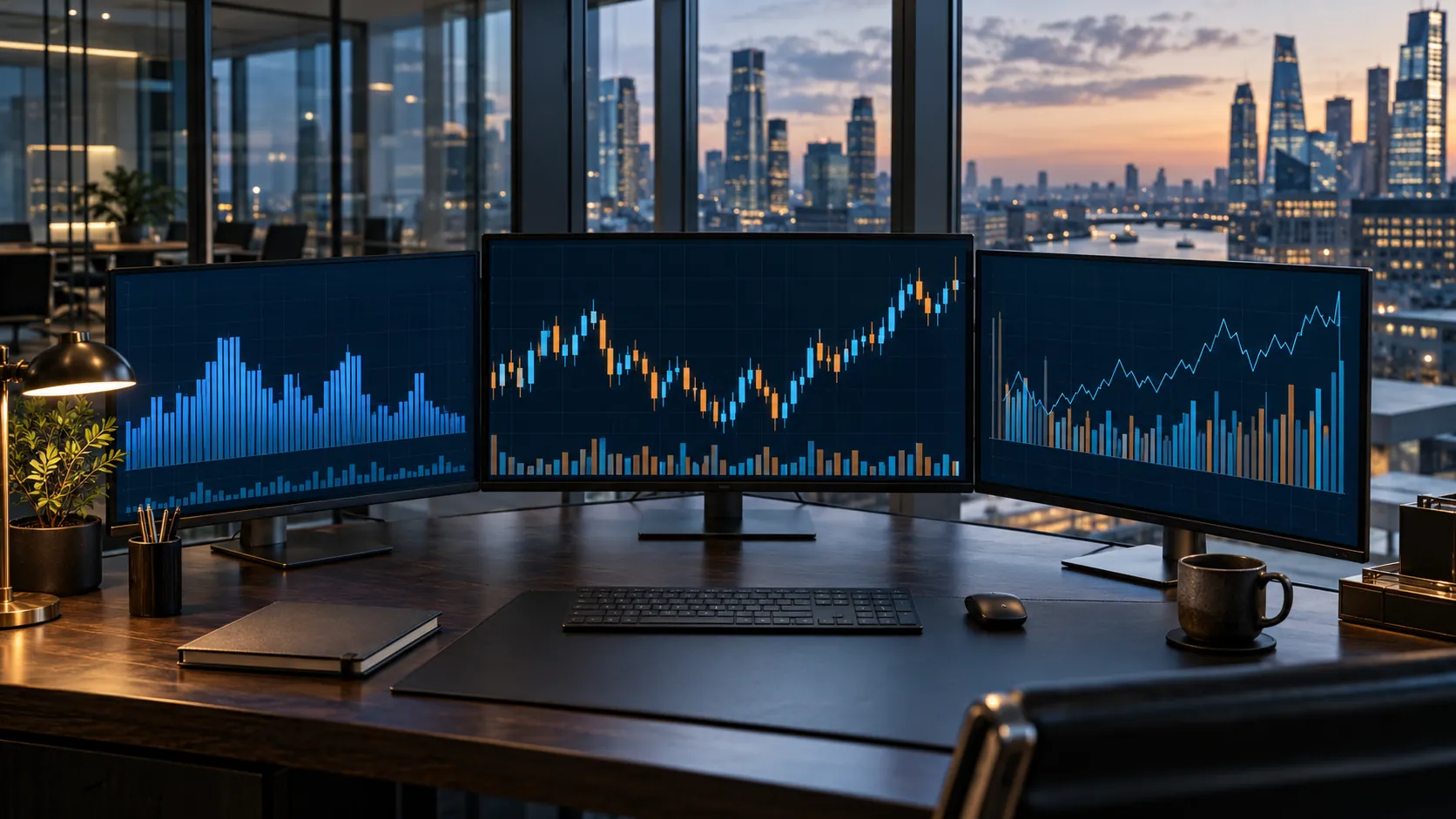 Uma mesa financeira moderna com vários monitores em branco mostrando formas abstratas de barras subindo e descendo, sem números legíveis