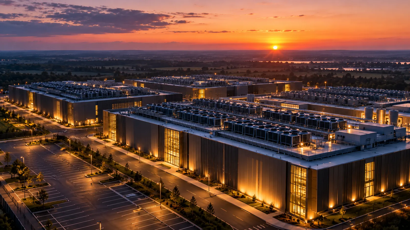 Uma vista aérea de um grande campus de data center ao entardecer, com prédios baixos e compridos, fileiras de unidades de refrigeração e janelas iluminadas, sem veículos nem pessoas