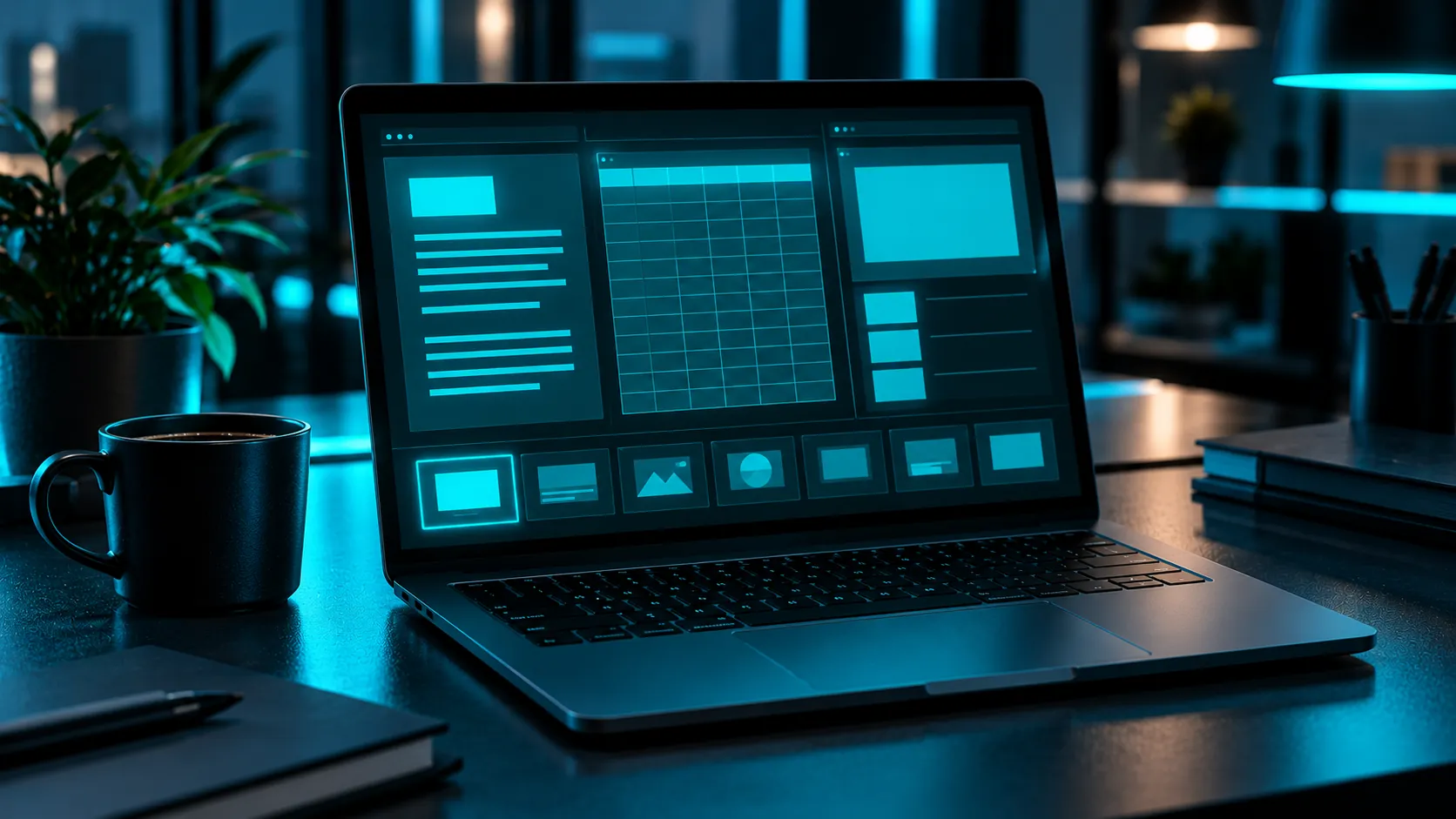 Um notebook cuja tela mostra blocos abstratos em ciano que lembram um documento, uma planilha e slides, ao lado de uma xícara, sobre uma mesa de trabalho