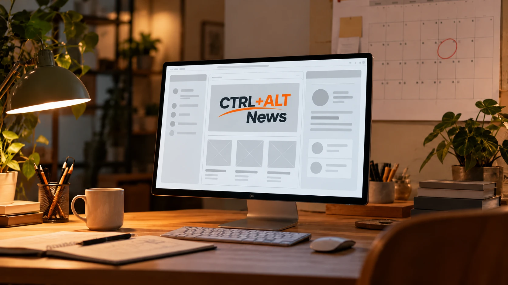 A mesa de um designer com um monitor mostrando o wireframe de um site encimado pelo logotipo CTRL+ALT News e um calendário de parede com um quadrado circulado em vermelho