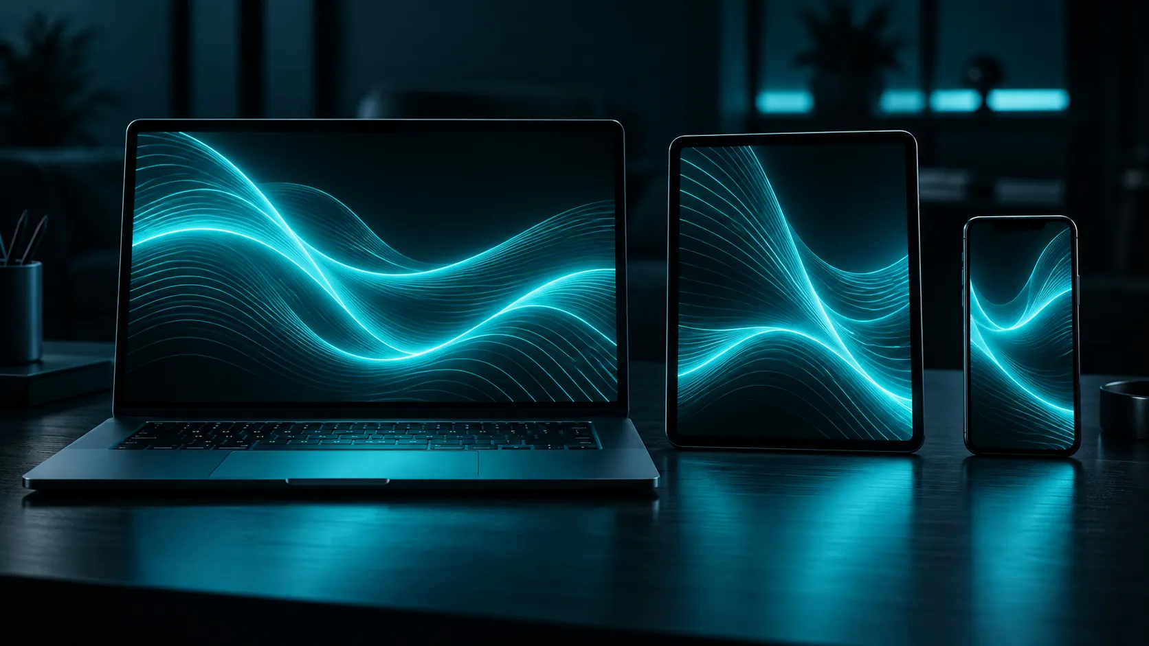 Um notebook, um tablet e um celular lado a lado sobre uma mesa, todos com telas mostrando linhas ciano abstratas, sem texto
