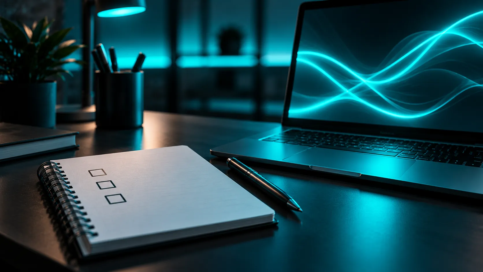 Um caderno aberto com três caixas de seleção vazias ao lado de um notebook com a tela em luz ciano abstrata, sobre uma mesa de trabalho