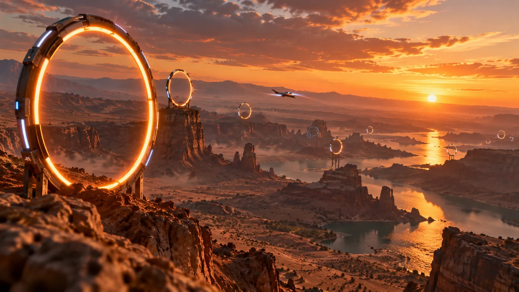 Uma fila de portais virtuais brilhantes marcando um circuito tridimensional sobre uma paisagem de deserto ao pôr do sol