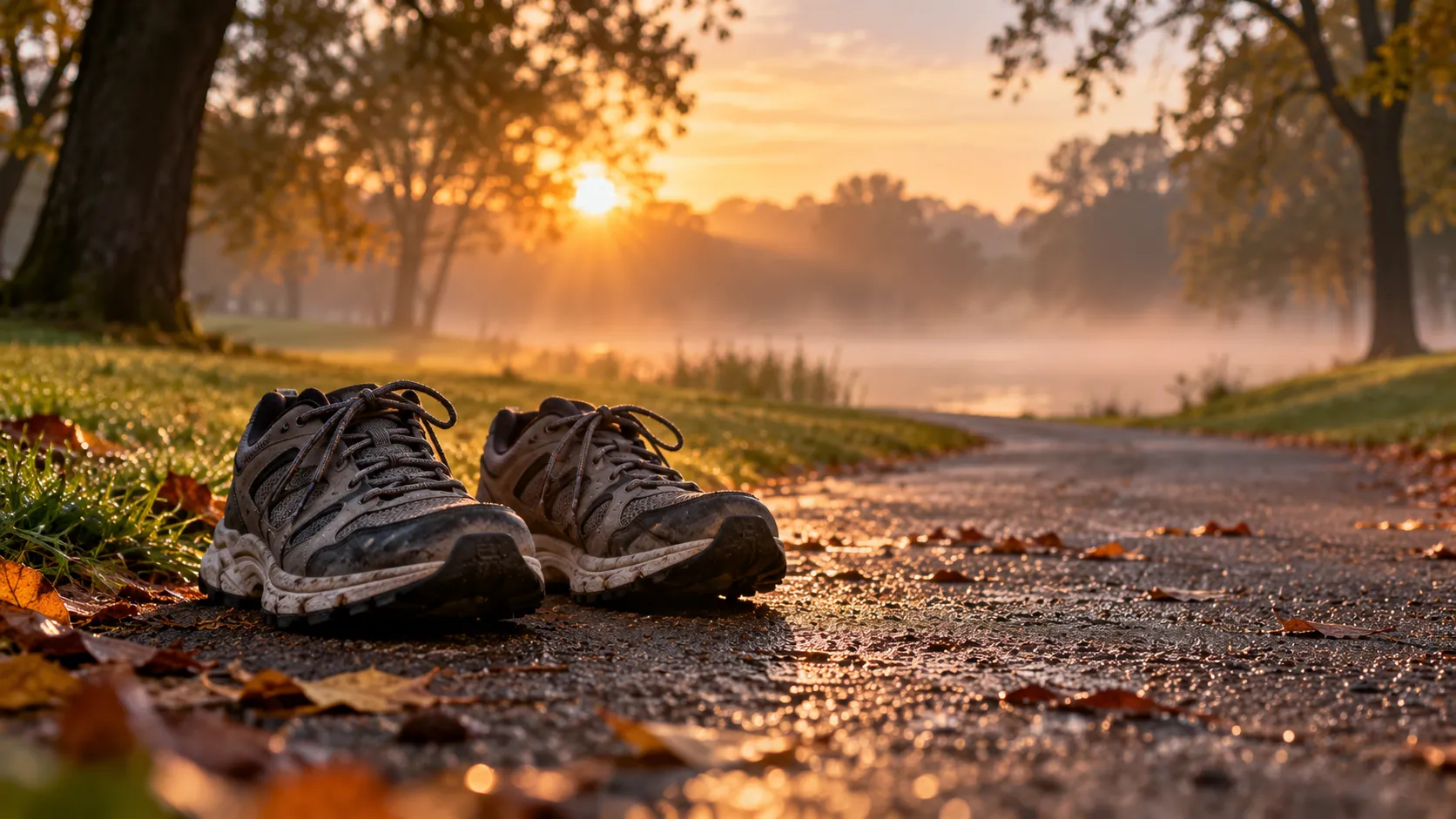 Um par de tênis de caminhada gastos sobre uma trilha tranquila de parque ao amanhecer, com névoa suave entre as árvores