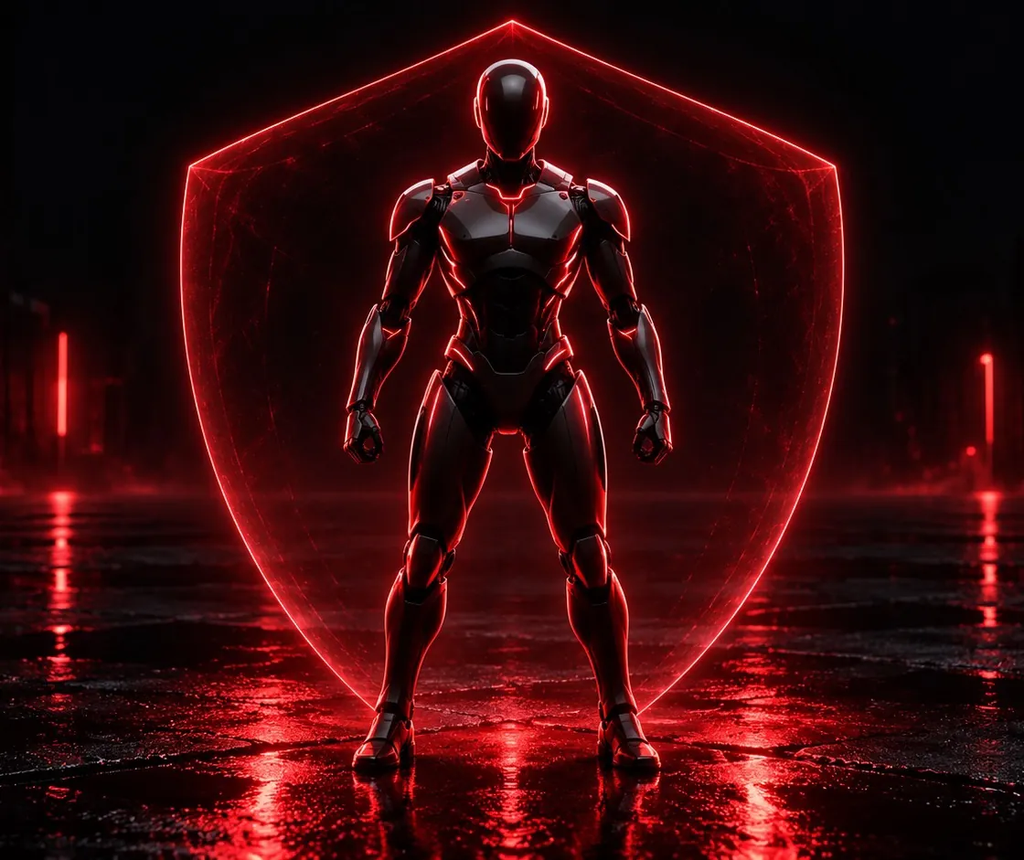 Um robô humanoide sem rosto em postura de guarda, contornado por luz vermelha, dentro de um arco translúcido em forma de escudo, em uma rua escura e molhada