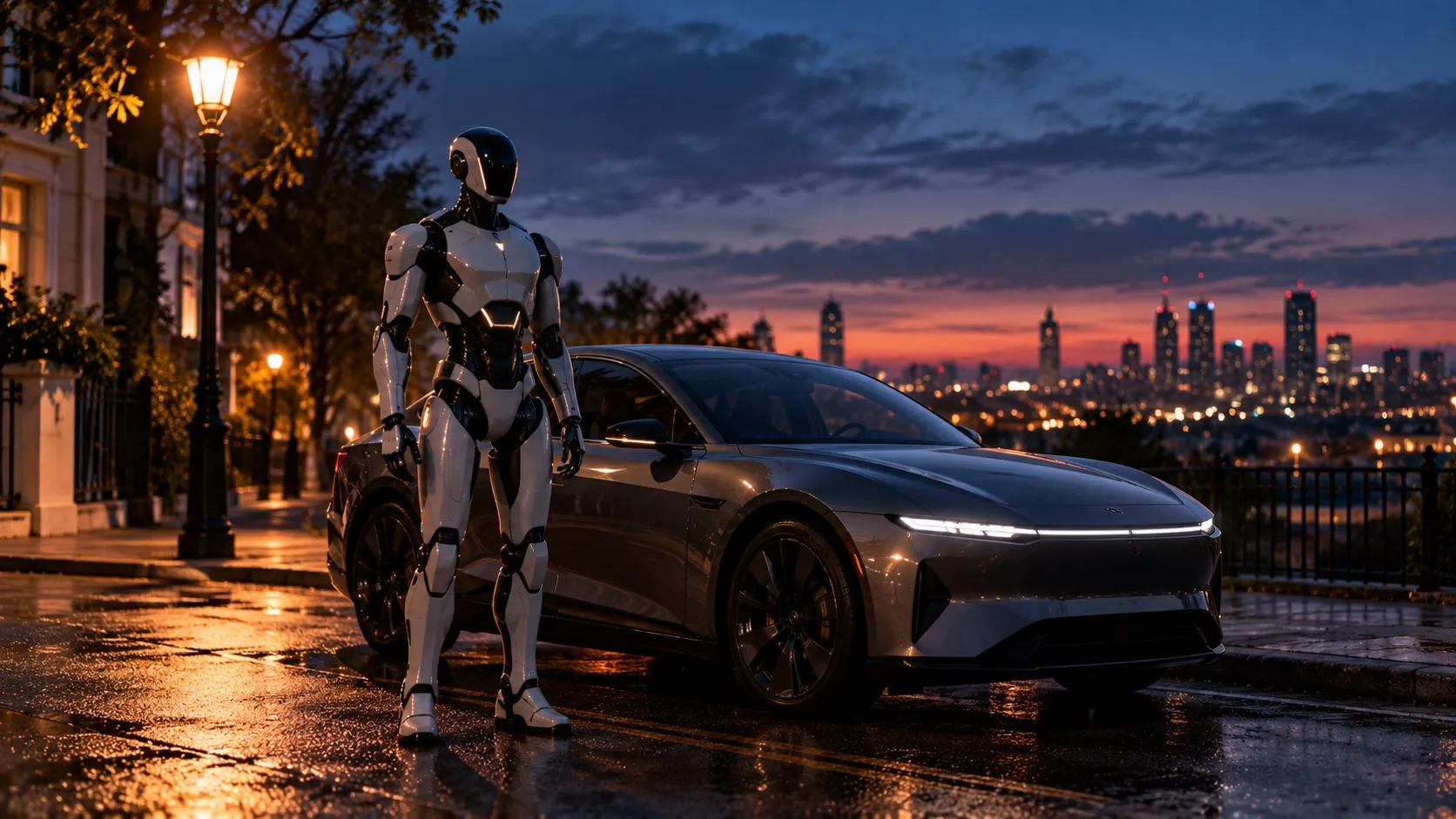 Um robô humanoide genérico, branco e preto, parado ao lado de um carro cinza estacionado em uma rua da cidade ao entardecer, com o horizonte urbano ao fundo