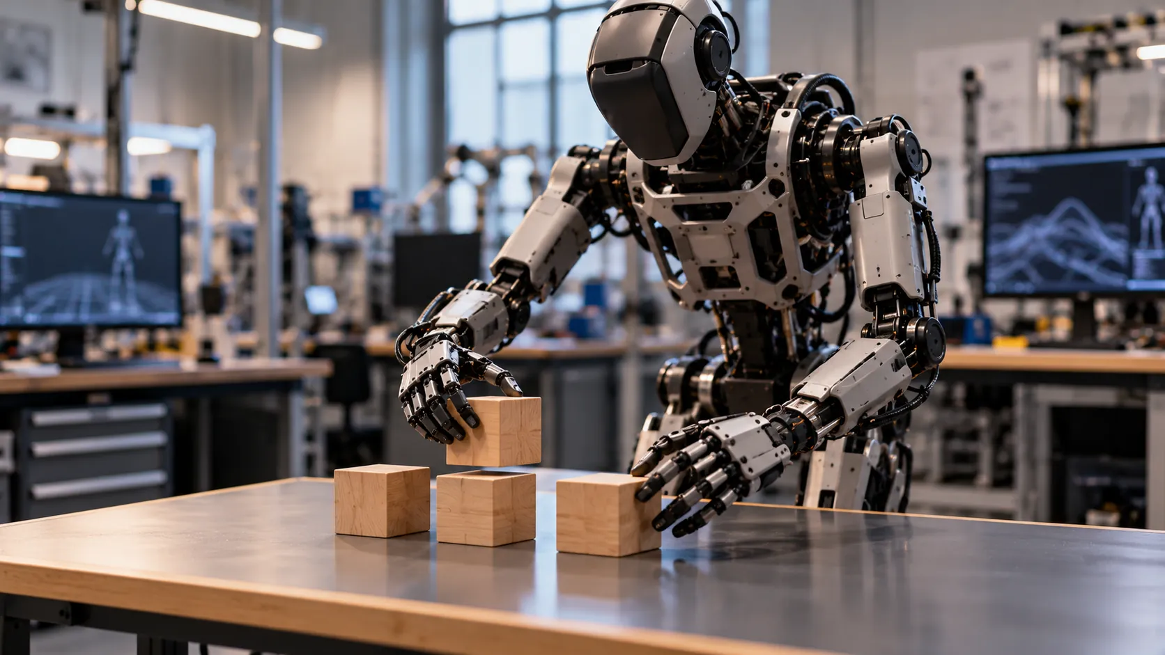 Um robô humanoide genérico em um laboratório universitário arrumando blocos de madeira sobre uma mesa