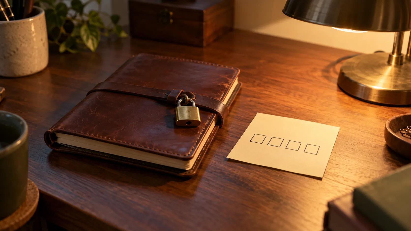 Um caderno fechado com um pequeno cadeado e um papel adesivo com quatro quadrados em branco sobre uma mesa