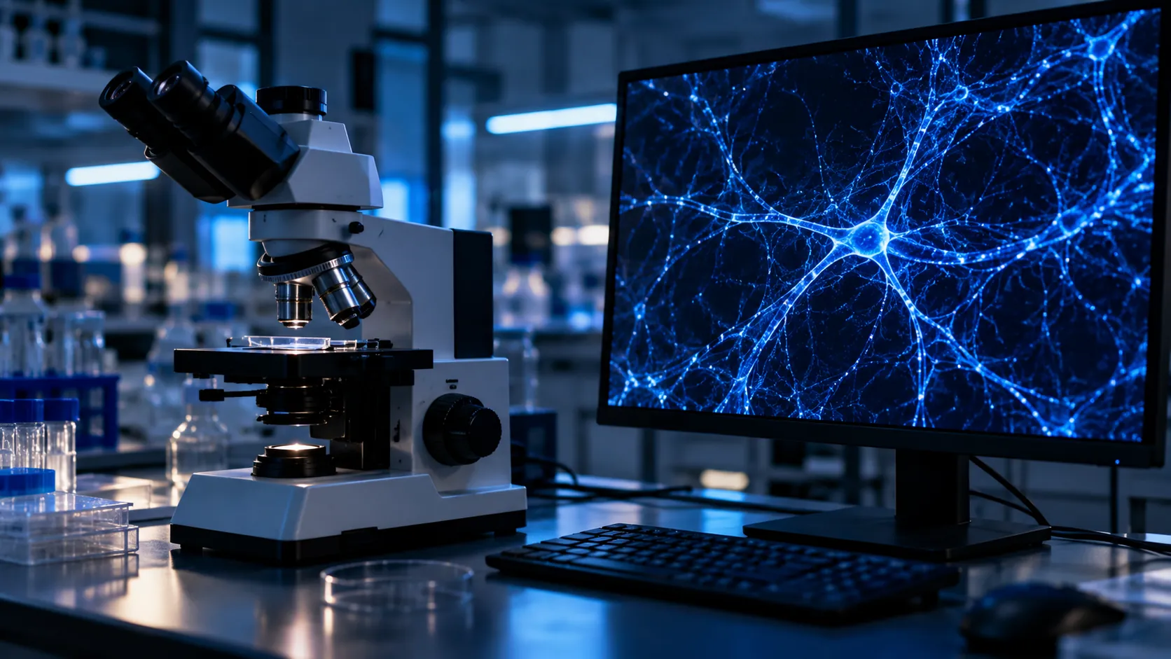 Um microscópio de laboratório ao lado de um monitor que mostra fibras ramificadas em luz azul, numa sala de pesquisa na penumbra