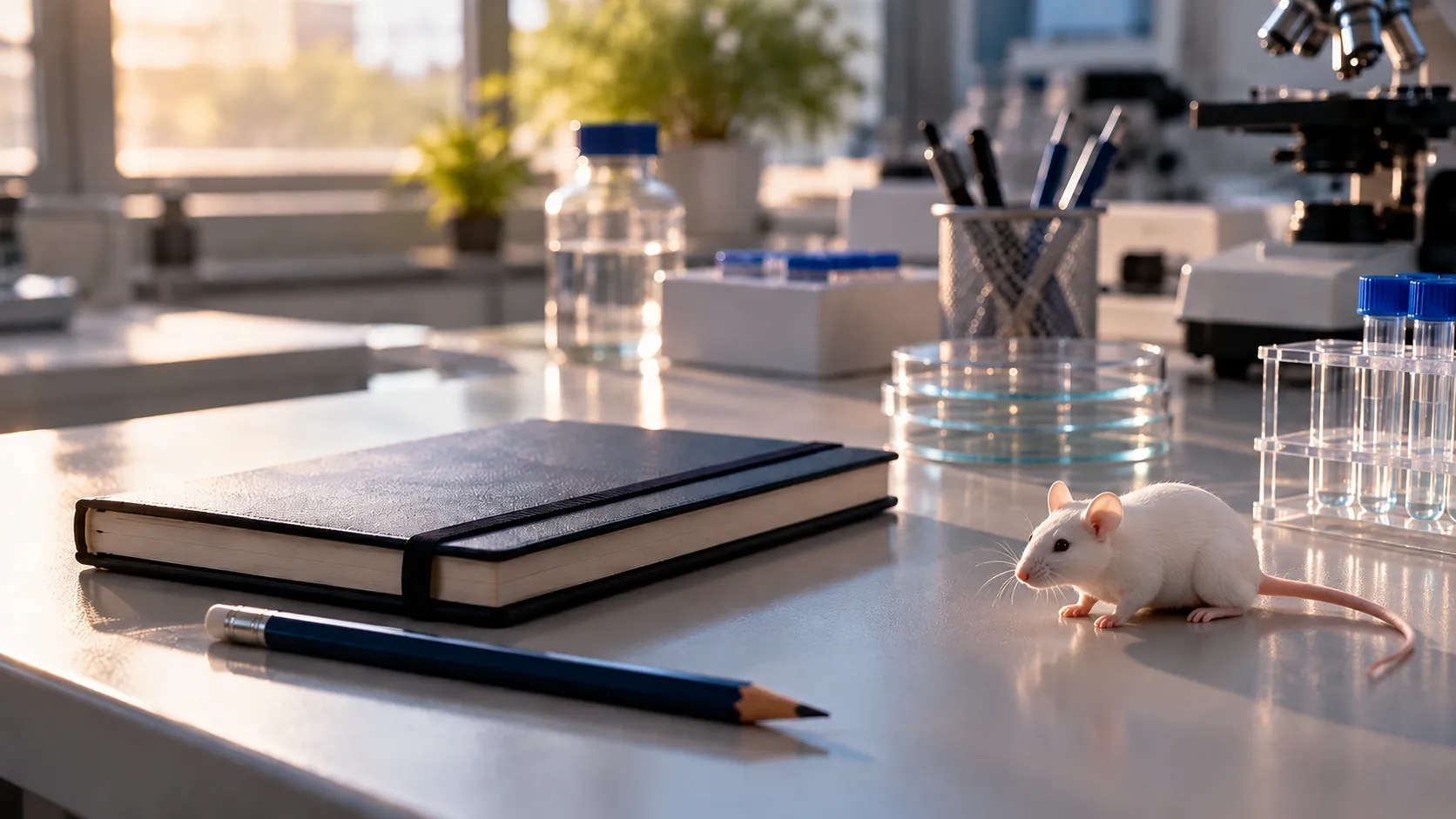 Um caderno fechado, um lápis e um pequeno camundongo branco de laboratório sobre uma bancada clara, na luz tranquila da manhã