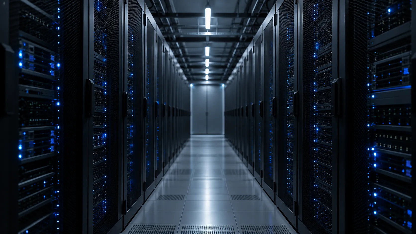 Um longo corredor de racks de servidores com pequenas luzes azuis em um data center pouco iluminado