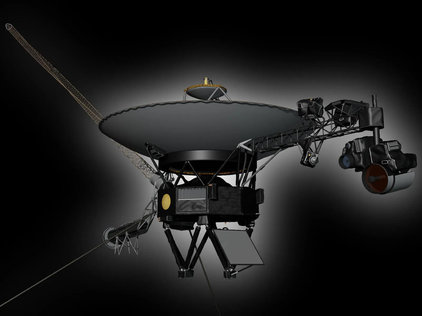 Modelo em computação gráfica da sonda Voyager com a antena parabólica e o braço longo