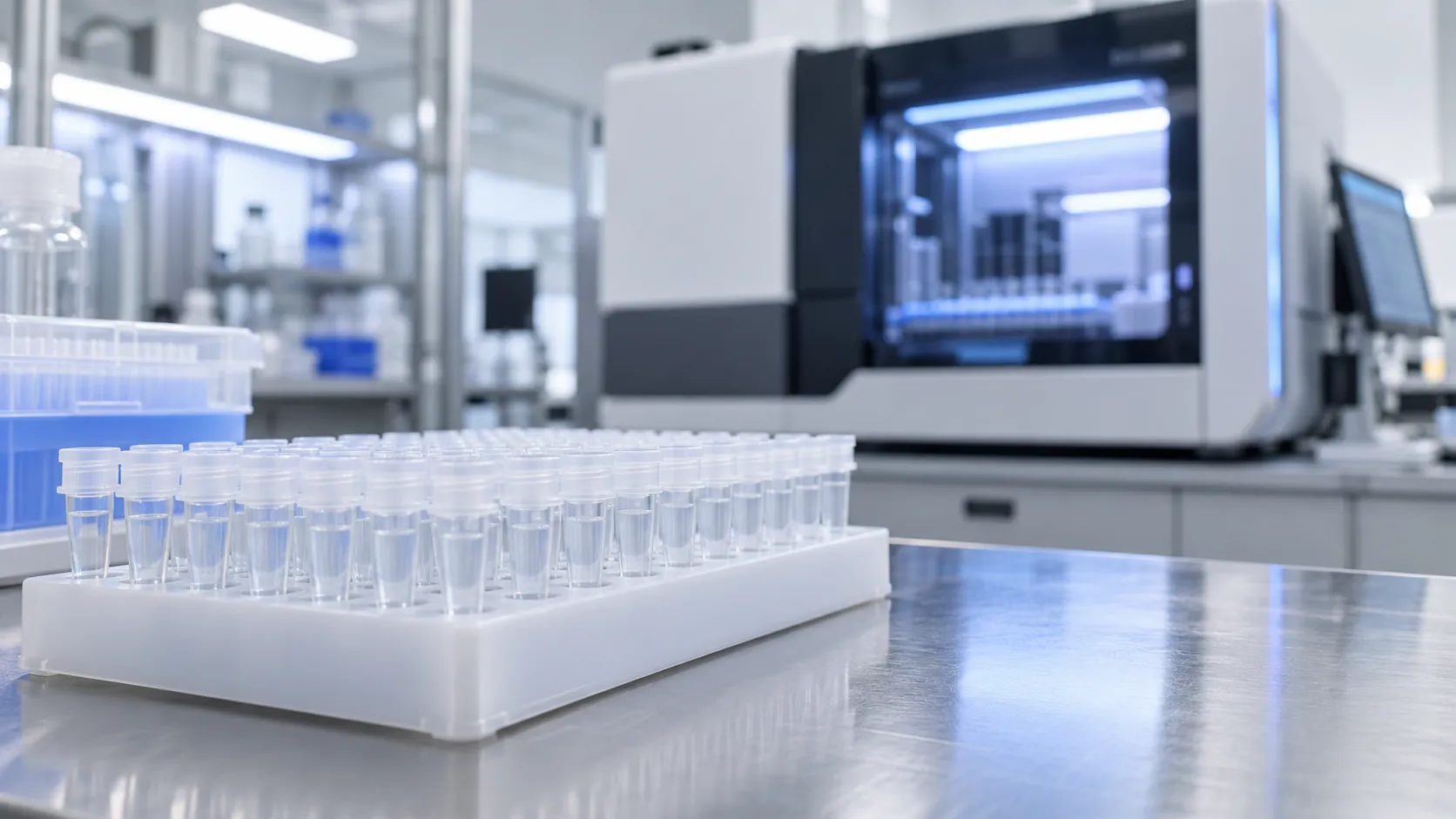 Uma bandeja de laboratório com pequenos tubos de amostra sem rótulo sobre uma bancada de aço limpa, sob luz fria