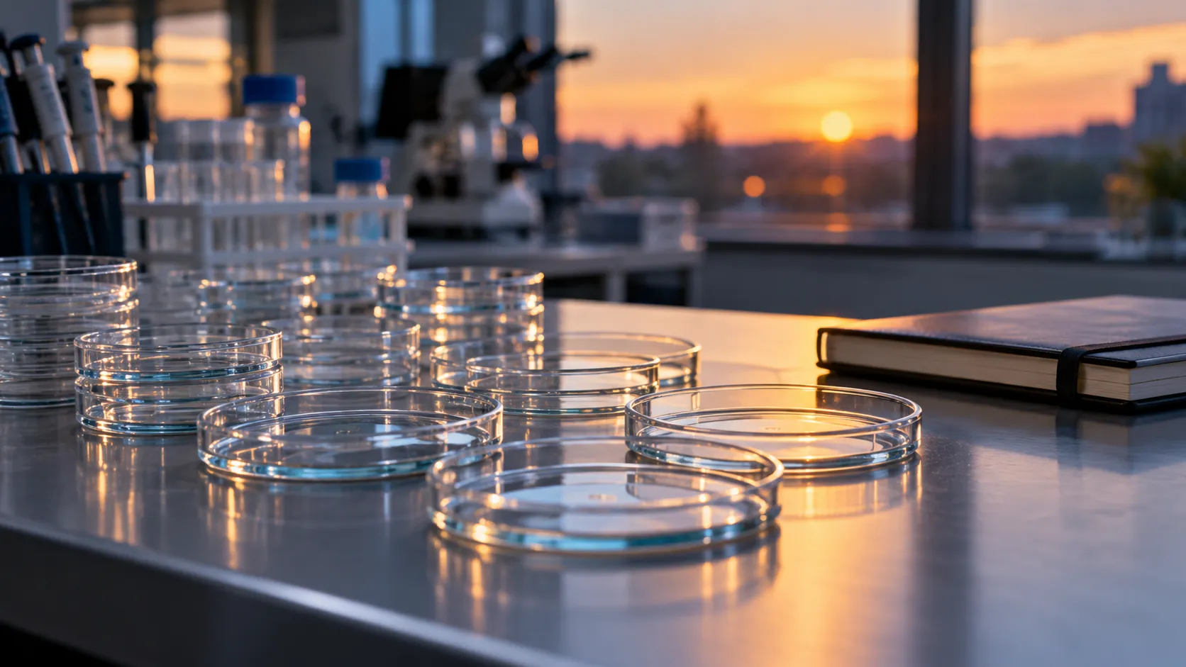 Fileiras de placas de Petri de vidro vazias sobre uma bancada de laboratório ao lado de um caderno fechado, em luz suave de fim de tarde