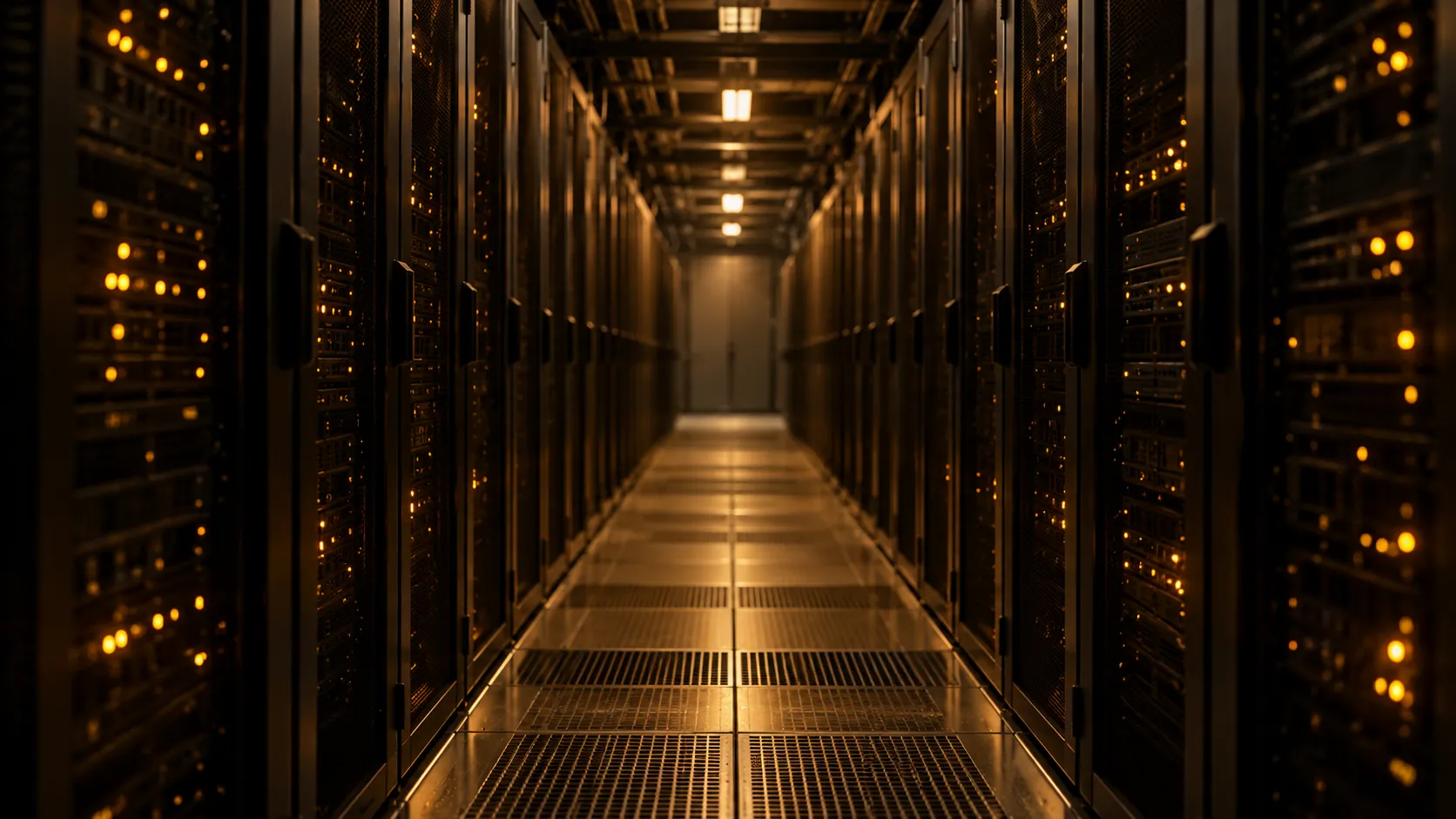 Um longo corredor de racks de servidores com pequenas luzes âmbar em um data center pouco iluminado