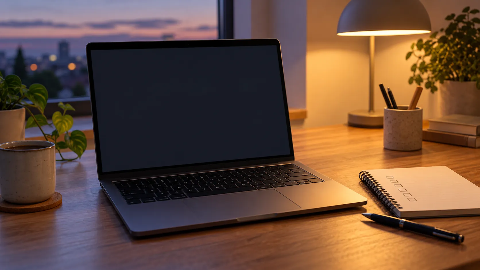 Um notebook sobre uma mesa organizada mostrando uma janela escura sem texto legível, com um caderno de caixas de seleção em branco ao lado, em luz suave de fim de tarde, sem pessoas