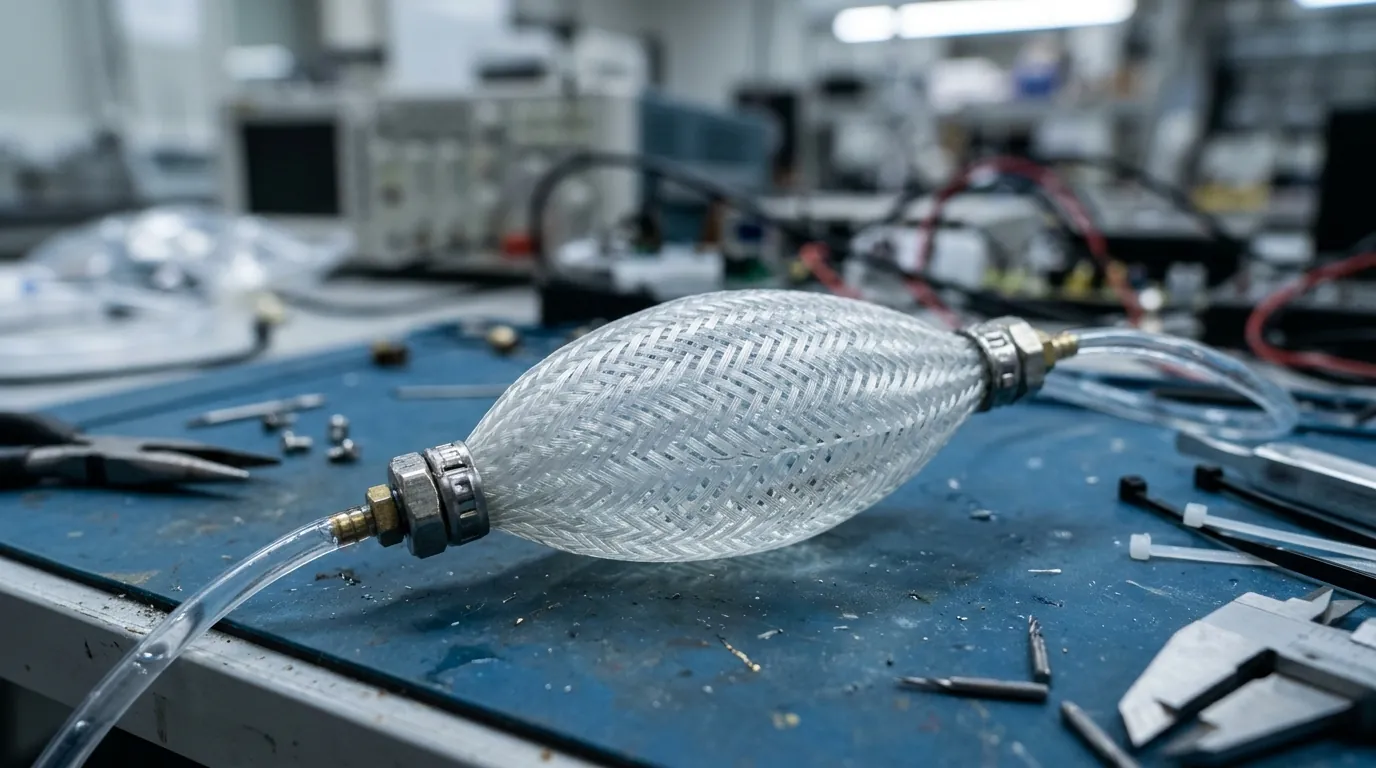 Um músculo artificial de tubo de malha trançada cheio de líquido sobre uma bancada de laboratório, com mangueiras transparentes