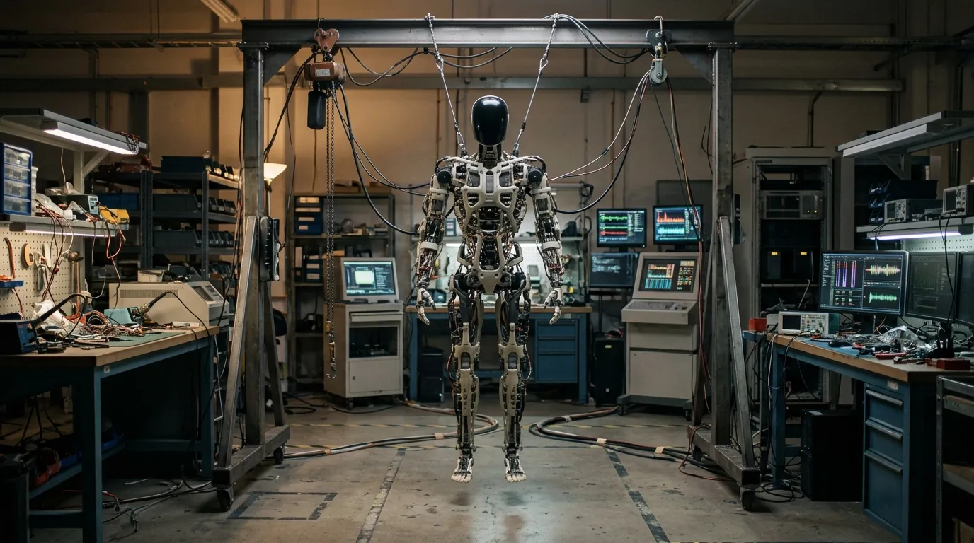 Um protótipo de robô humanoide pendurado num pórtico de aço em um laboratório, com os pés fora do chão