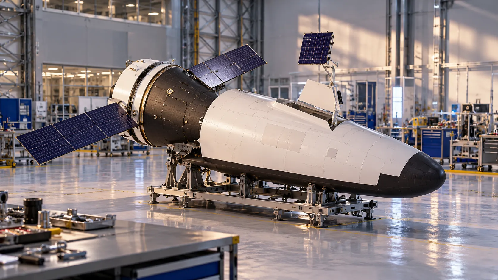 Um modelo de teste em escala real de um veículo espacial reutilizável, com módulo de serviço e painéis solares, sobre um suporte de metal em um galpão de engenharia limpo, ferramentas em uma bancada próxima e nenhuma pessoa